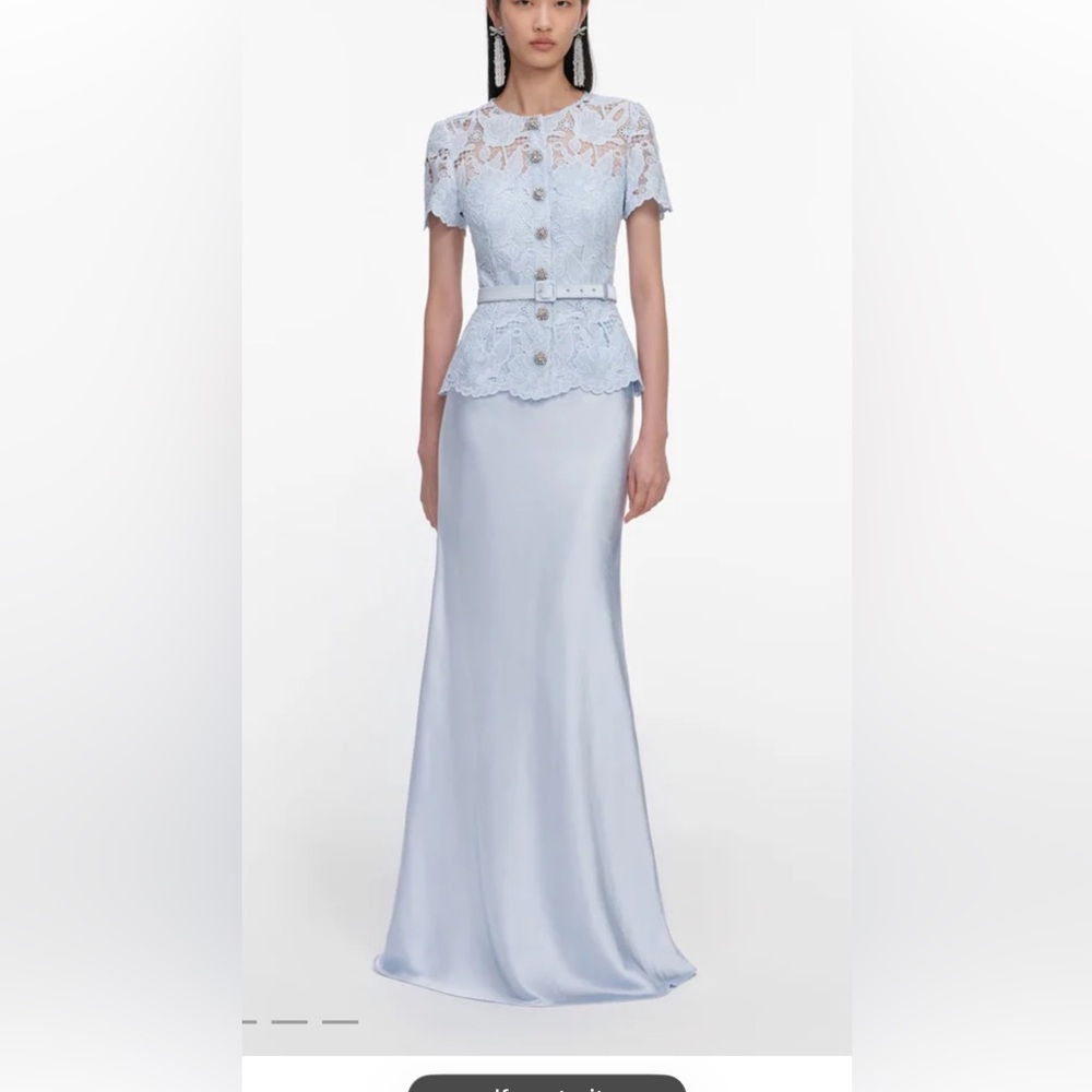 Self Portrait Elegant Light Blue Lace Peplum and Satin Skirt Evening Gown